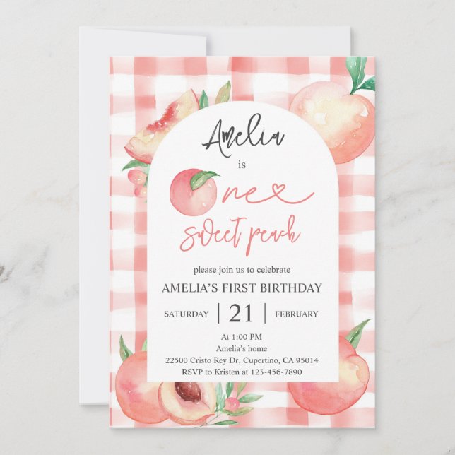 Convites Menina de 1º Aniversário Pêssego (Frente)