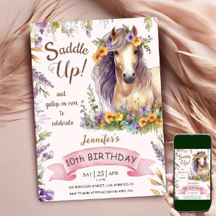 Convites Menina de 10 anos de idade Cavalo Floral Roxo Sadd
