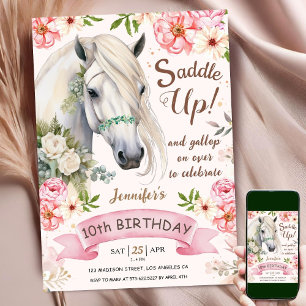 Convites Menina de 10 anos de idade Cavalo Flores Rosa Sela