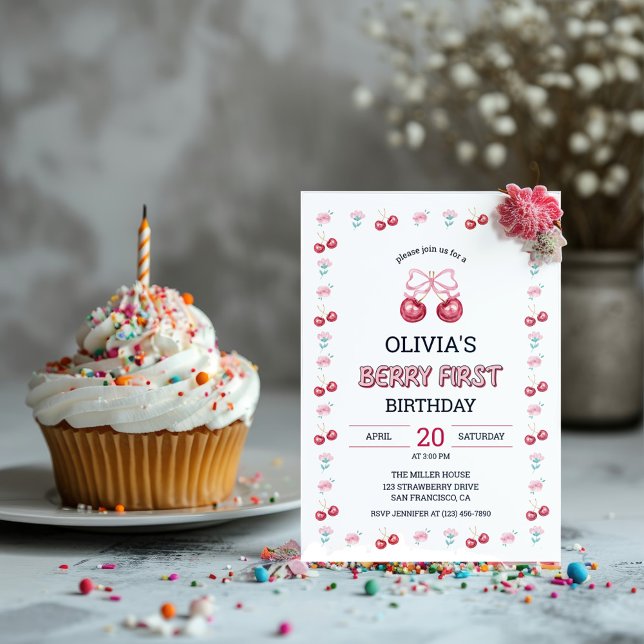 Convites Menina de 1 ano de idade Festa de Cereja Berry (Cherry 1st birthday party invitation)