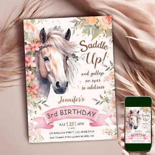 Convites Menina de 3 anos de idade Cavalo Floral Selvagem S