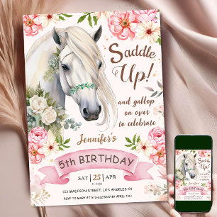 Convites Menina de 5 anos de idade Cavalo Flores Rosa Sela