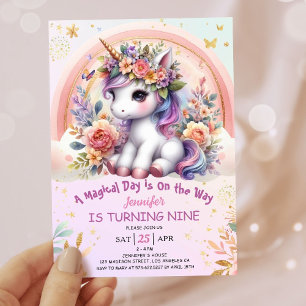 Convites Menina de 9 anos de aniversário Unicórnio Rosa Flo