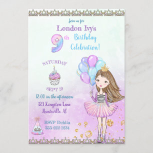 Convites Menina de 9 anos fazendo aniversário Princesa Cupc
