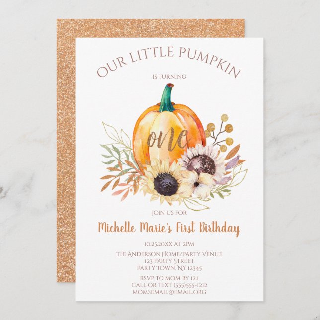 Convites Menina de Abóbora Primeiro Aniversário (Frente/Verso)