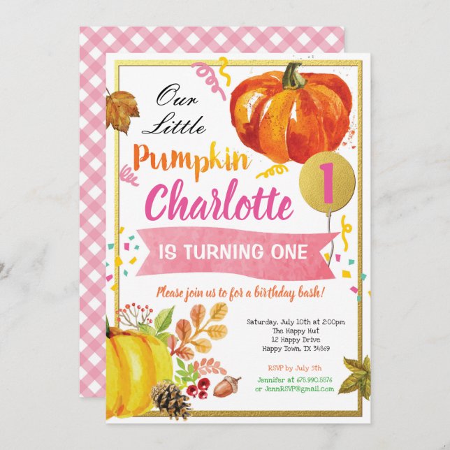 Convites Menina de abóbora, primeiro aniversário, rosa e ou (Frente/Verso)