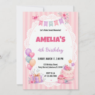 Convites Menina de Aguarela Rosa Bolo Floral Aniversário