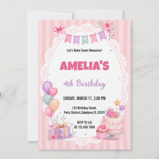 Convites Menina de Aguarela Rosa Bolo Floral Aniversário