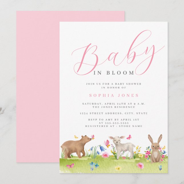 Convites Menina de Animais Fofos Bebê em Flor Chá de Bebê (Frente/Verso)