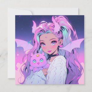 Convites Menina de anime Kawaii com criatura de pelúcia