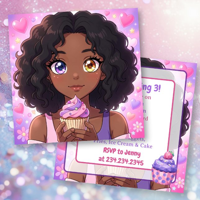Convites Menina de anime rosa e roxa e bolo de aniversário  (Criador carregado)