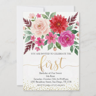 Convites Menina de Aniversário Aquarela Floral Dourado Bril