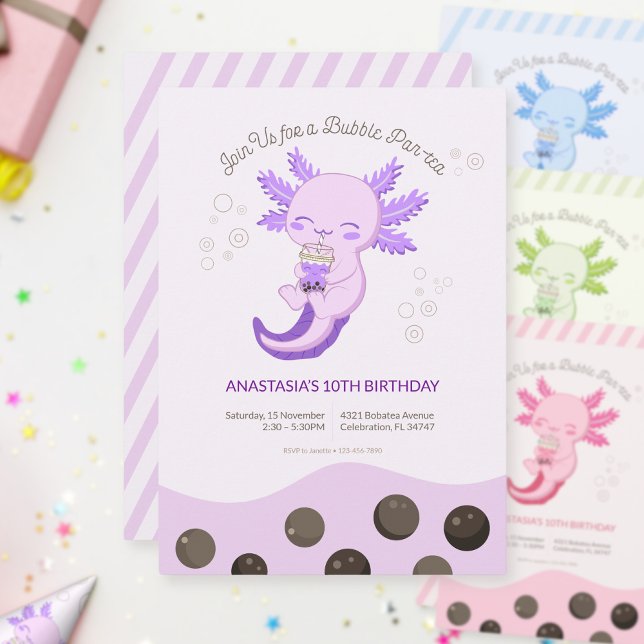Convites Menina de Aniversário com Chá de Bolhas Roxo de Ax (Criador carregado)