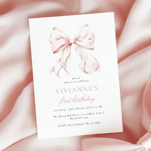 Convites Menina de Aniversário de Um Ano com Laço Rosa