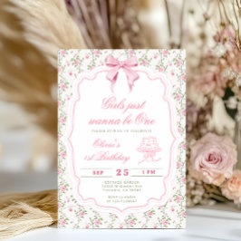 Convites Menina de Aniversário de Um Ano com Laço Rosa Eleg