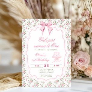 Convites Menina de Aniversário de Um Ano com Laço Rosa Eleg