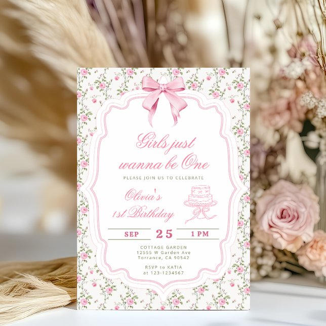 Convites Menina de Aniversário de Um Ano com Laço Rosa Eleg (Criador carregado)