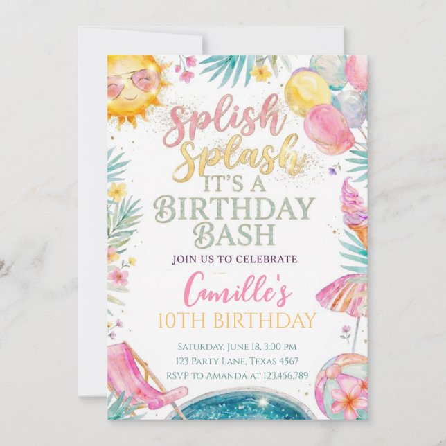Convites Menina de aniversário de verão Splish Splash (Frente)