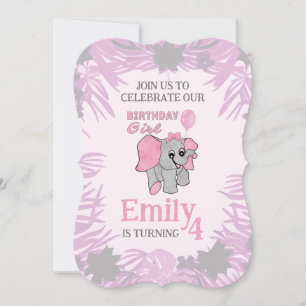 Convites Menina de Aniversário Elefante Bebê Rosa  