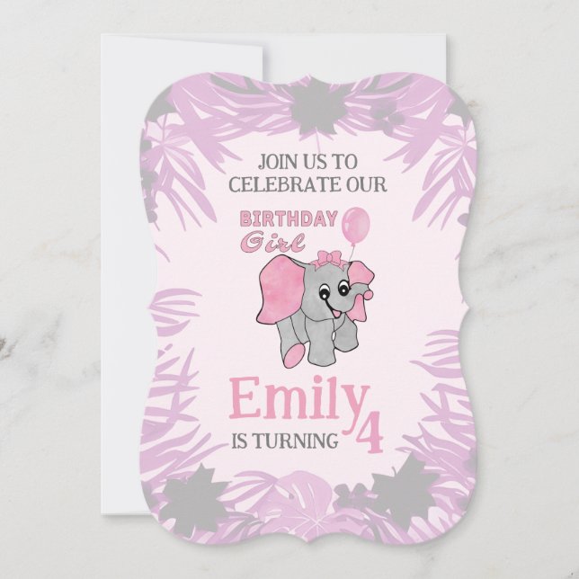 Convites Menina de Aniversário Elefante Bebê Rosa   (Frente)