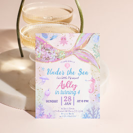 Convites Menina de Aniversário Sereia Sob o Mar Brilho Rosa
