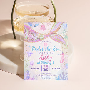 Convites Menina de Aniversário Sereia Sob o Mar Brilho Rosa