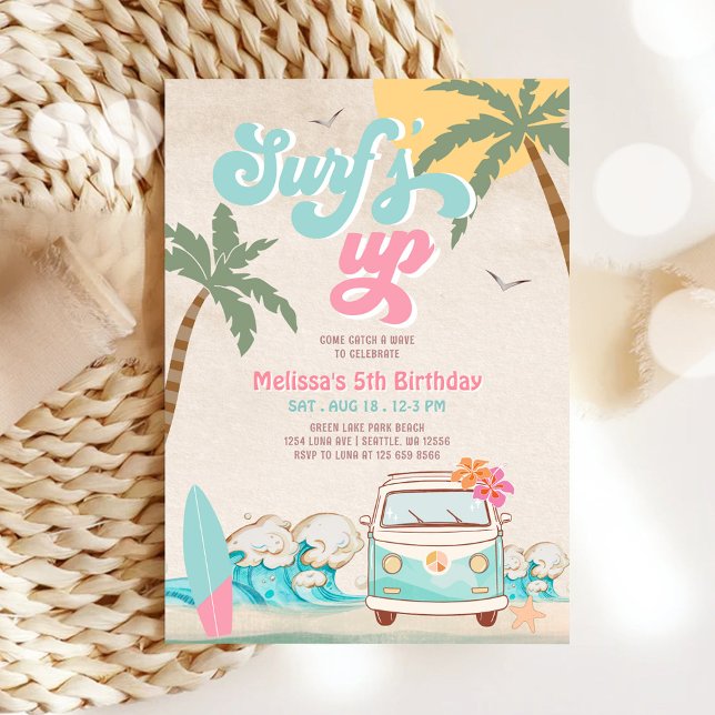 Convites Menina de Aqua Rosa Menta Aniversário de Surf Está (Criador carregado)
