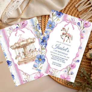 Convites Menina de aquarela carrossel floral pastel de aniv