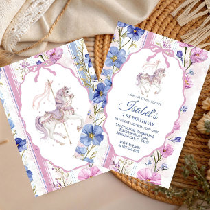 Convites Menina de aquarela carrossel floral pastel de aniv