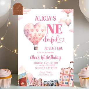 Convites Menina de Balão de Ar Rosa Aniversário de 1 Ano do