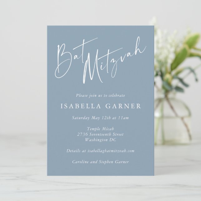 Convites Menina de Bat Mitzvah Azul Empolado Escrito Branco (Em pé/Frente)