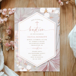 Convites Menina de Batismo Floral Aquarela Quadro Elegante