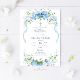 Convites Menina de Batismo Floral Azul Batizado