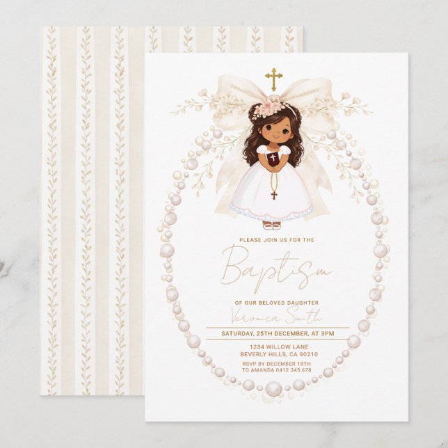 Convites Menina de Batismo Pérola Elegante Arco  (Frente/Verso)