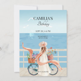 Convites Menina de bicicleta de verão do Oceano Azul