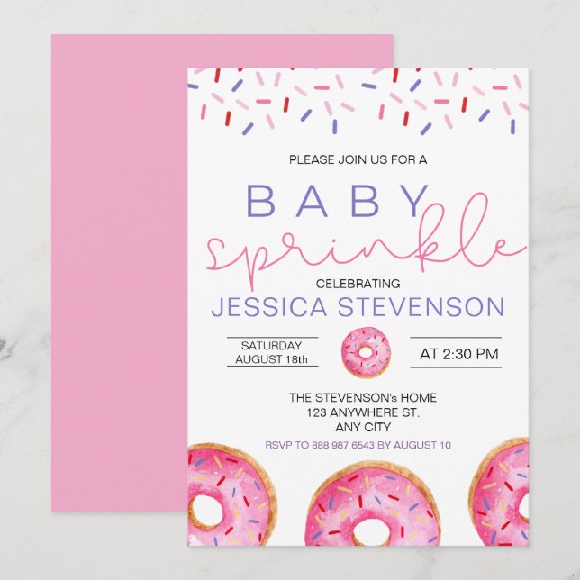 Convites Menina de Donuts de Aquarela Chuveirinho de Bebê  (Frente/Verso)