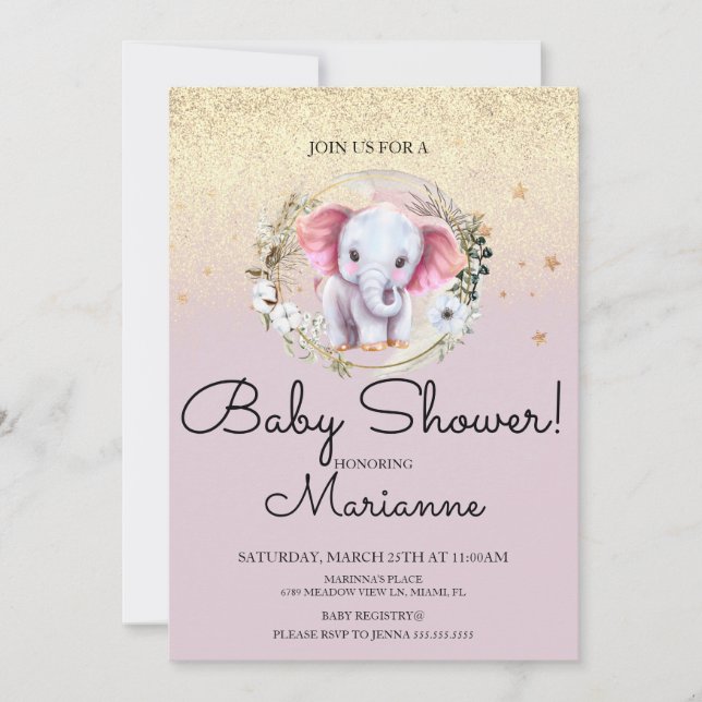 Convites Menina de Elefante Rosa Chuveiro de Bebê Faux Dour (Frente)