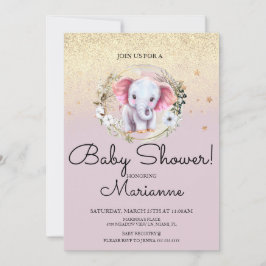 Convites Menina de Elefante Rosa Chuveiro de Bebê Faux Dour