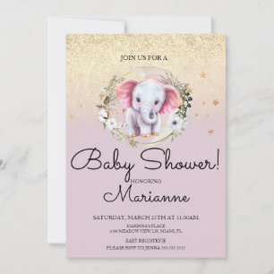 Convites Menina de Elefante Rosa Chuveiro de Bebê Faux Dour