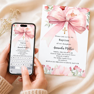 Convites Menina de florais com laço rosa Batismo