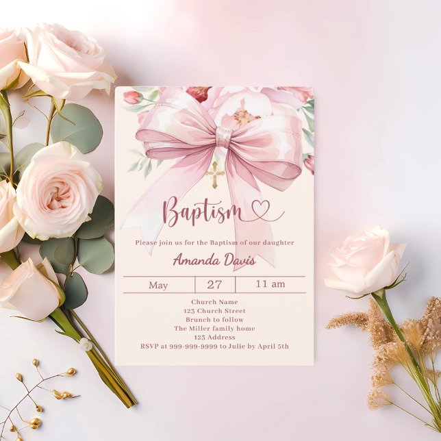 Convites Menina de florais creme com laço rosa Batismo (Criador carregado)