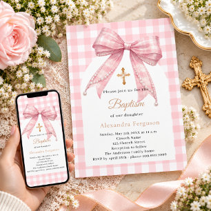 Convites Menina de gingão com laço rosa Batismo