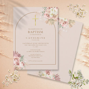 Convites Menina de Grama de Pampas em Ouro Rosa Batismo Bat