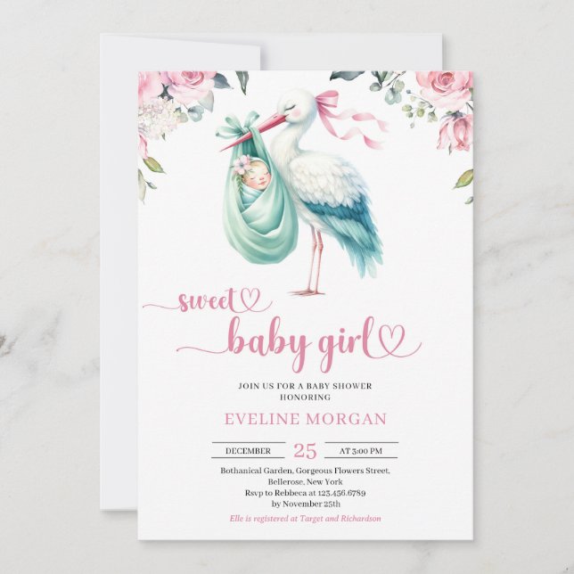 Convites Menina de hortelã e de cegonha rosa-d'água (Frente)