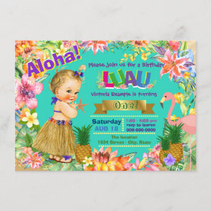 Convites Menina de Hula Flamingo Luau Havaiano Festa de Ani