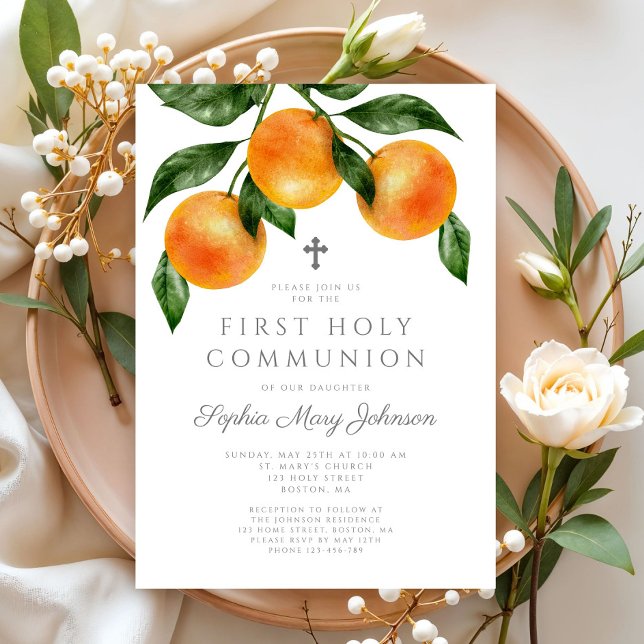 Convites Menina de Laranjas Elegantes Primeira Comunhão (Elegant Oranges Girl First Holy Communion Invitation)