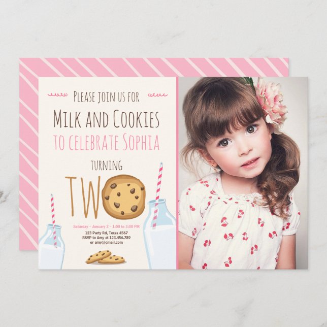Convites Menina de Leite e Biscoitos Rosa Segundo Aniversár (Frente/Verso)