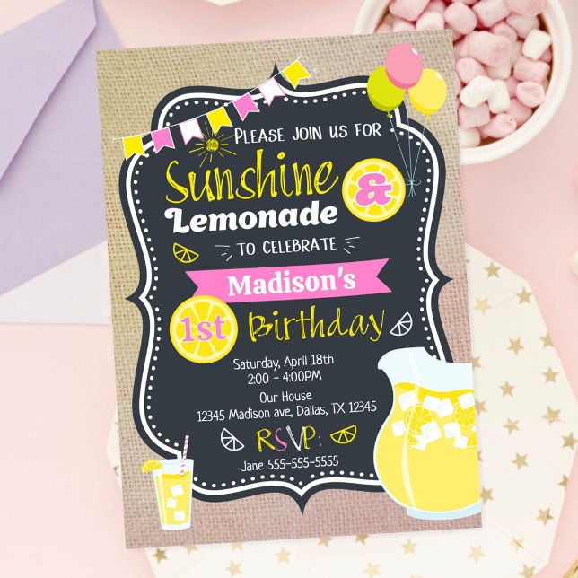 Convites Menina de Limonada Ensolarada Rosa Aniversário de  (Criador carregado)