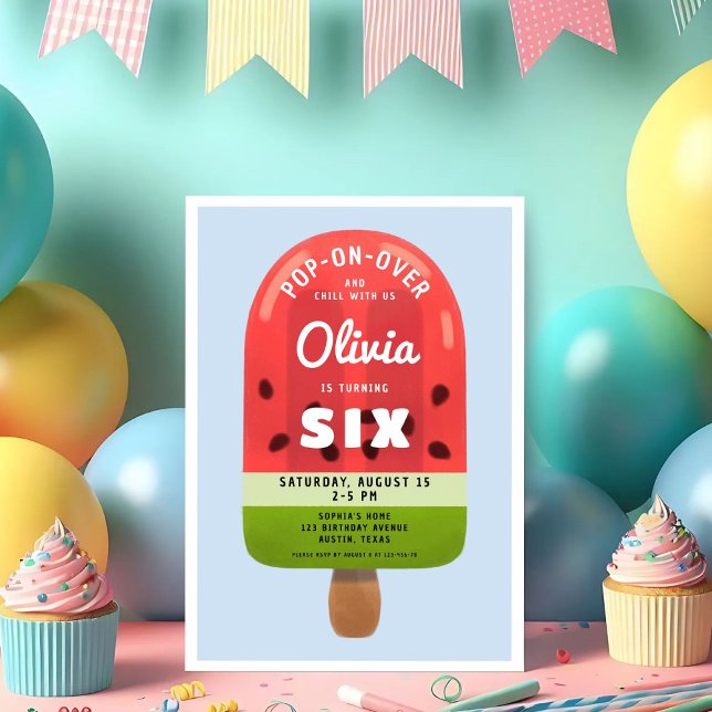 Convites Menina de Melancia Gostosa de Sorvete de Sexto Ani (Cute Melon Popsicle Girl Sixth Birthday Invitation)