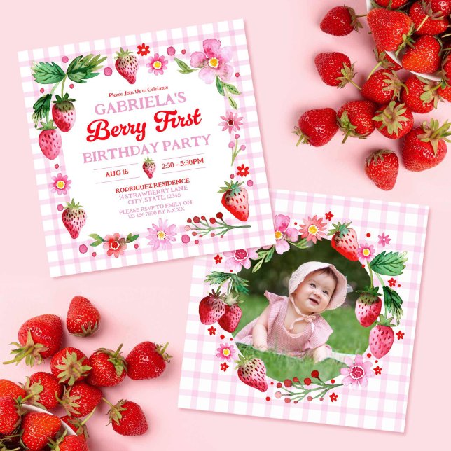 Convites Menina de Morangos em Aquarela Fotografia do 1º An (Watercolor Strawberries Girl 1st Birthday Photo Invitation)